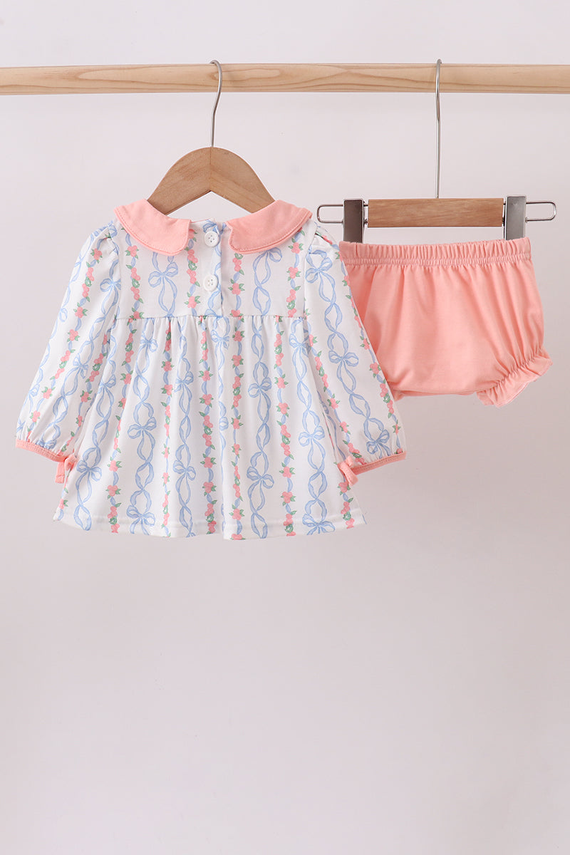 Pink floral bow embroidery bloomer set