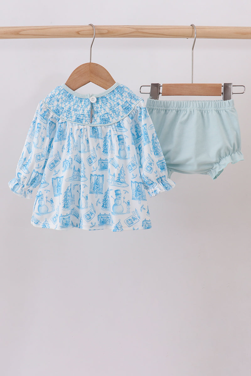 Blue snowman christmas tree smocked bloomer set