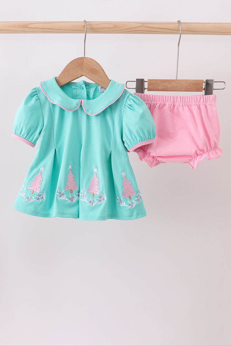 Green christmas tree embroidery bloomer set