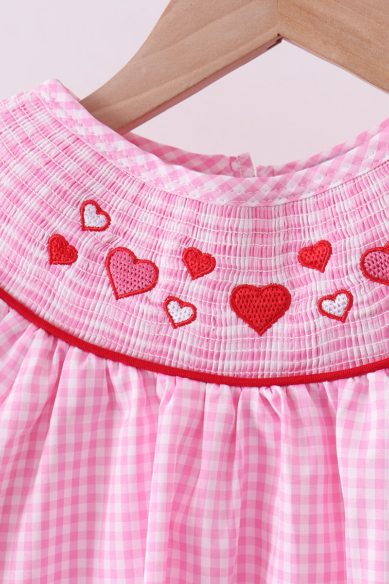 Pink heart smocked gingham ruffle pants set
