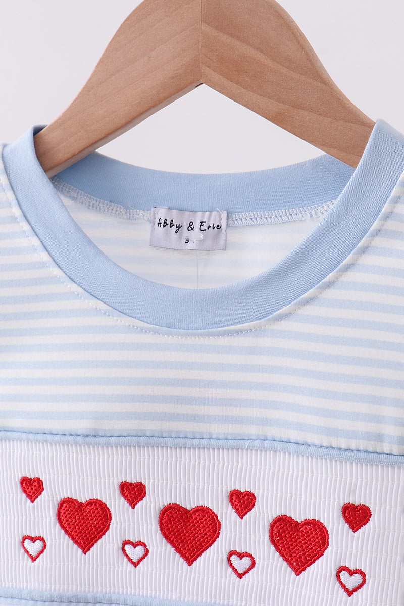 Blue heart smocked stripe top