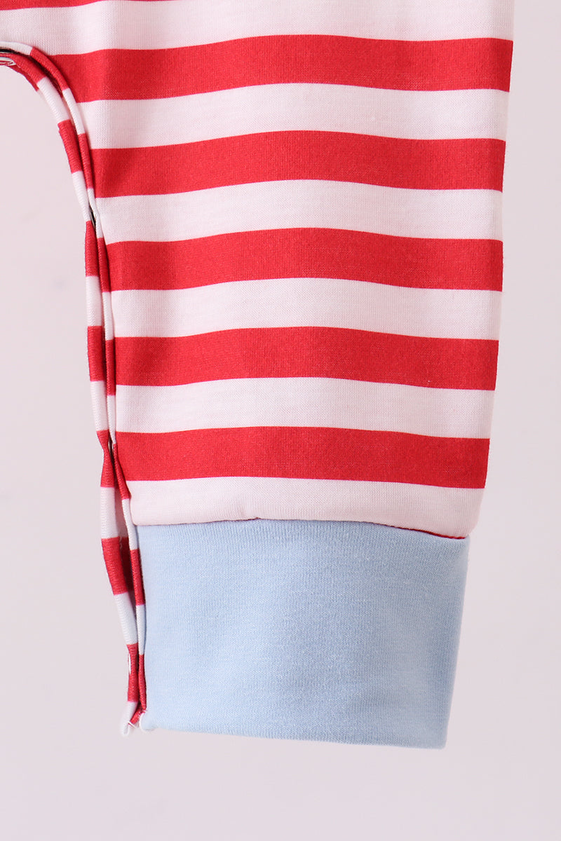 Red stripe construction embroidery romper