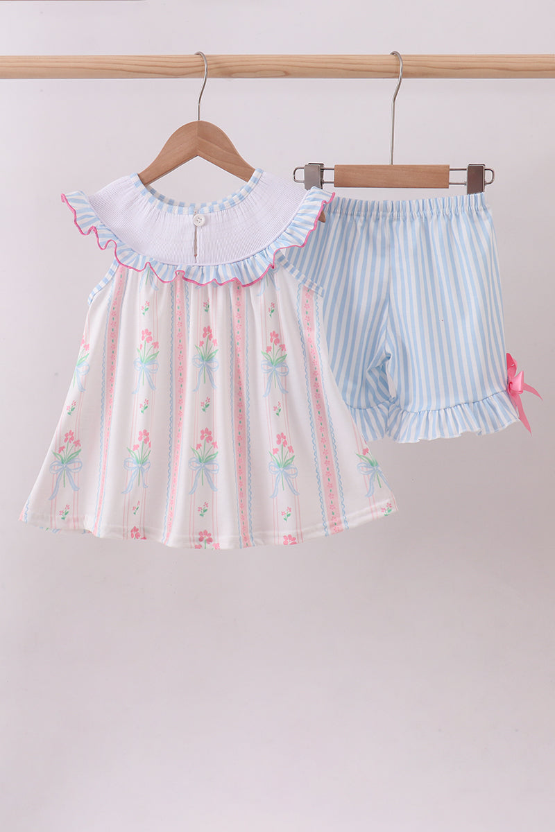 Blue floral I love MAMA smocked ruffle shorts set