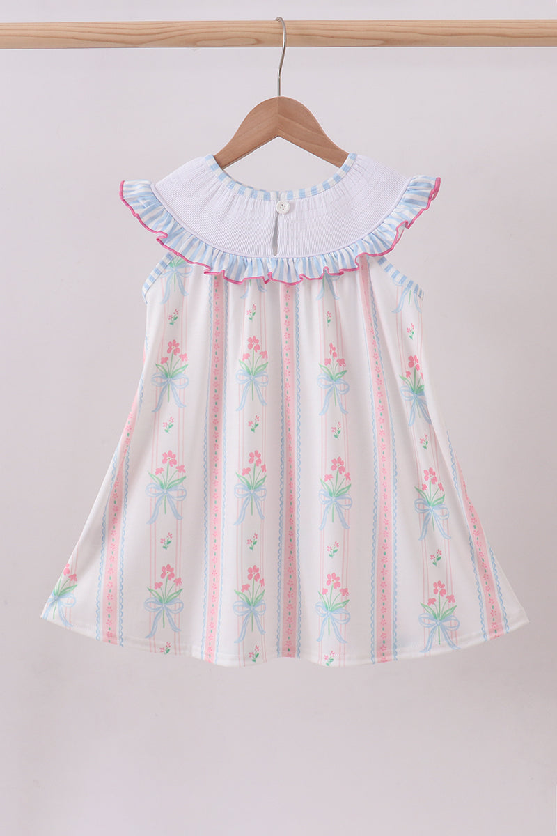 Blue floral I love MAMA smocked ruffle dress