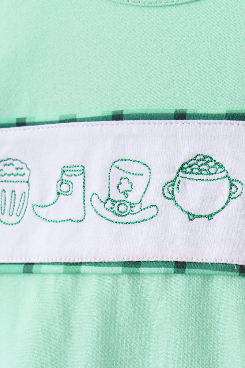 Green parade embroidery ruffle gingham pants set