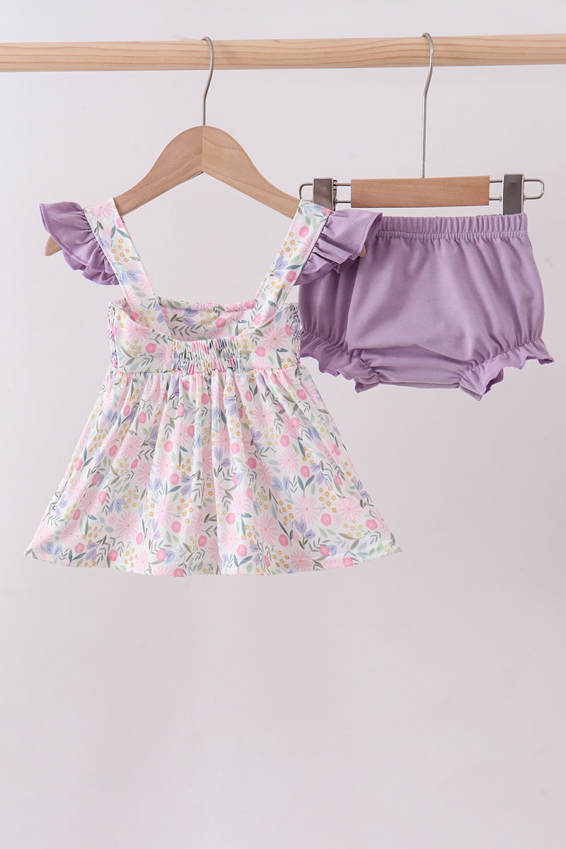Purple floral smocked ruffle bloomer set
