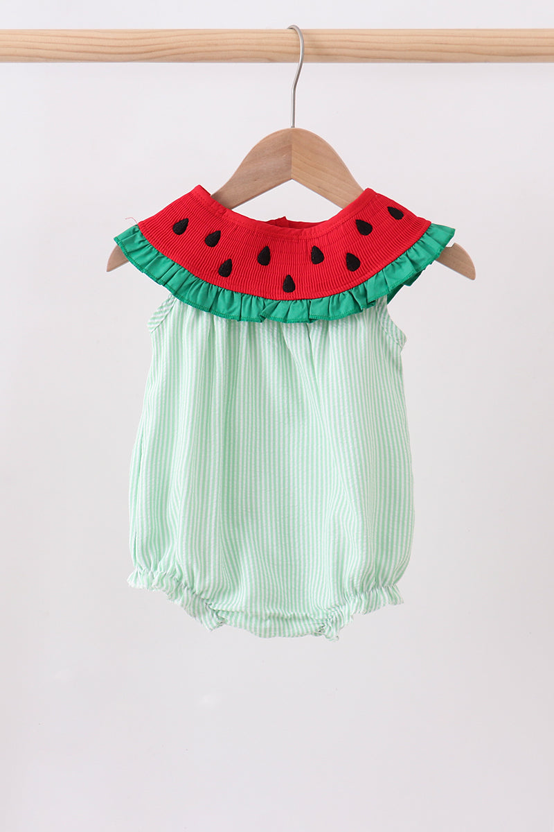 Green watermelon seersucker smocked ruffle bubble