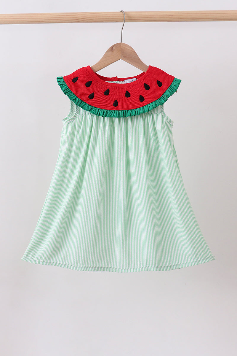 Green watermelon seersucker smocked ruffle dress