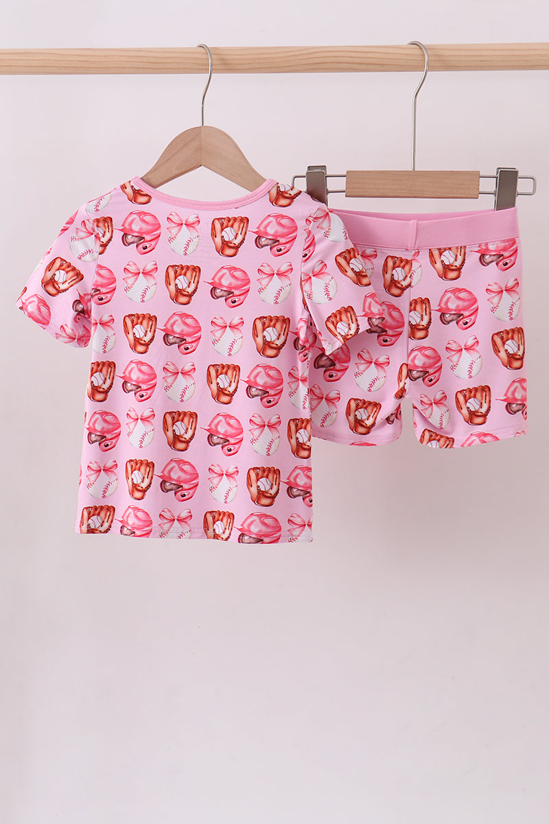 Pink bow baseball bamboo pajama set