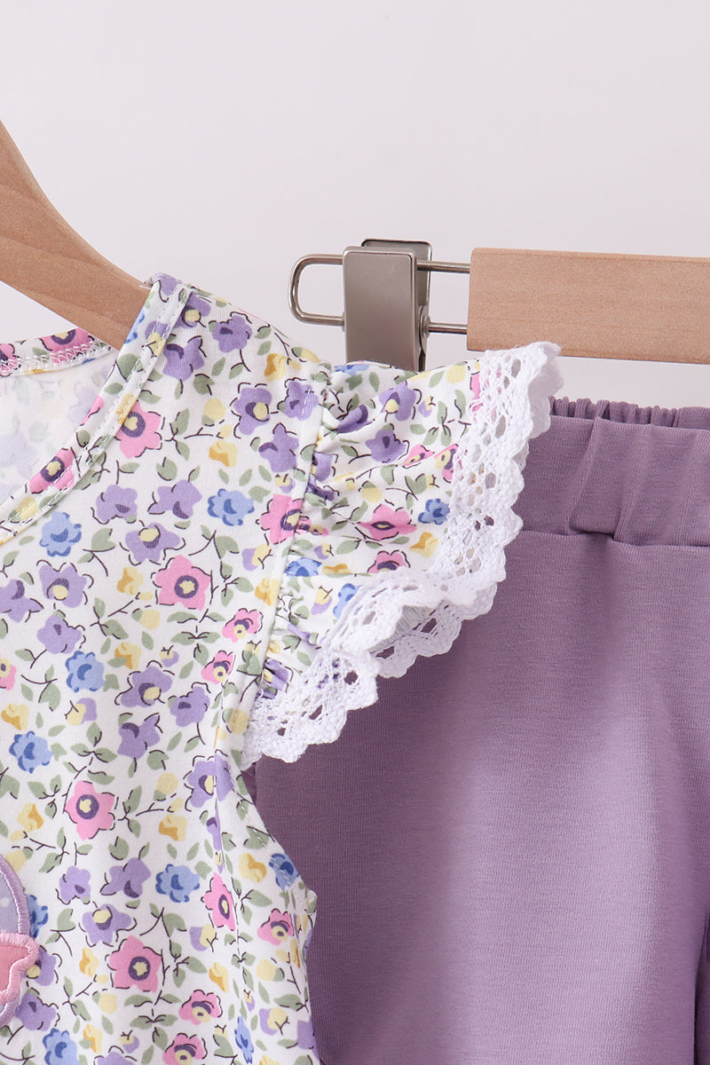 Purple floral goose applique ruffle shorts set