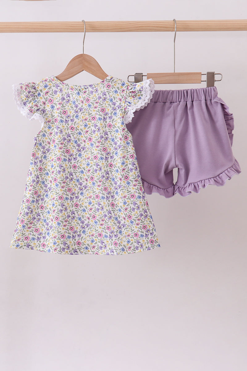 Purple floral goose applique ruffle shorts set