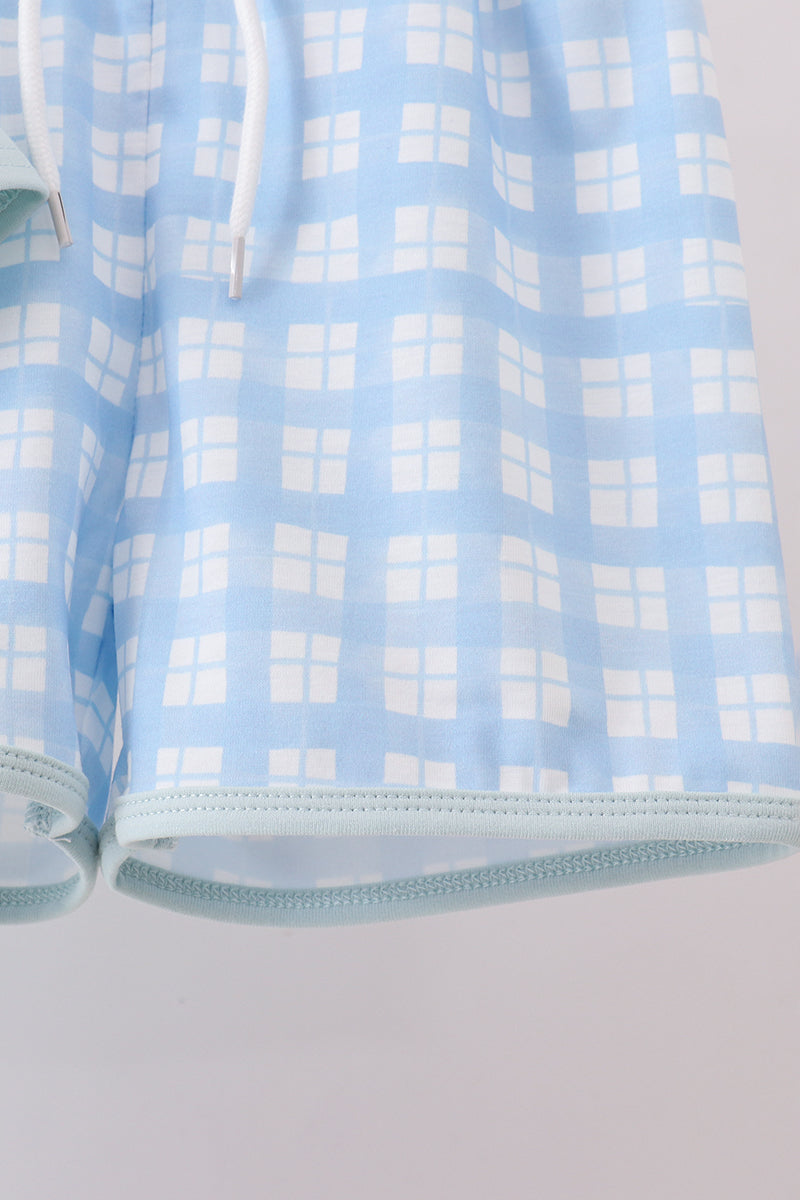 Blue goose applique gingham shorts set