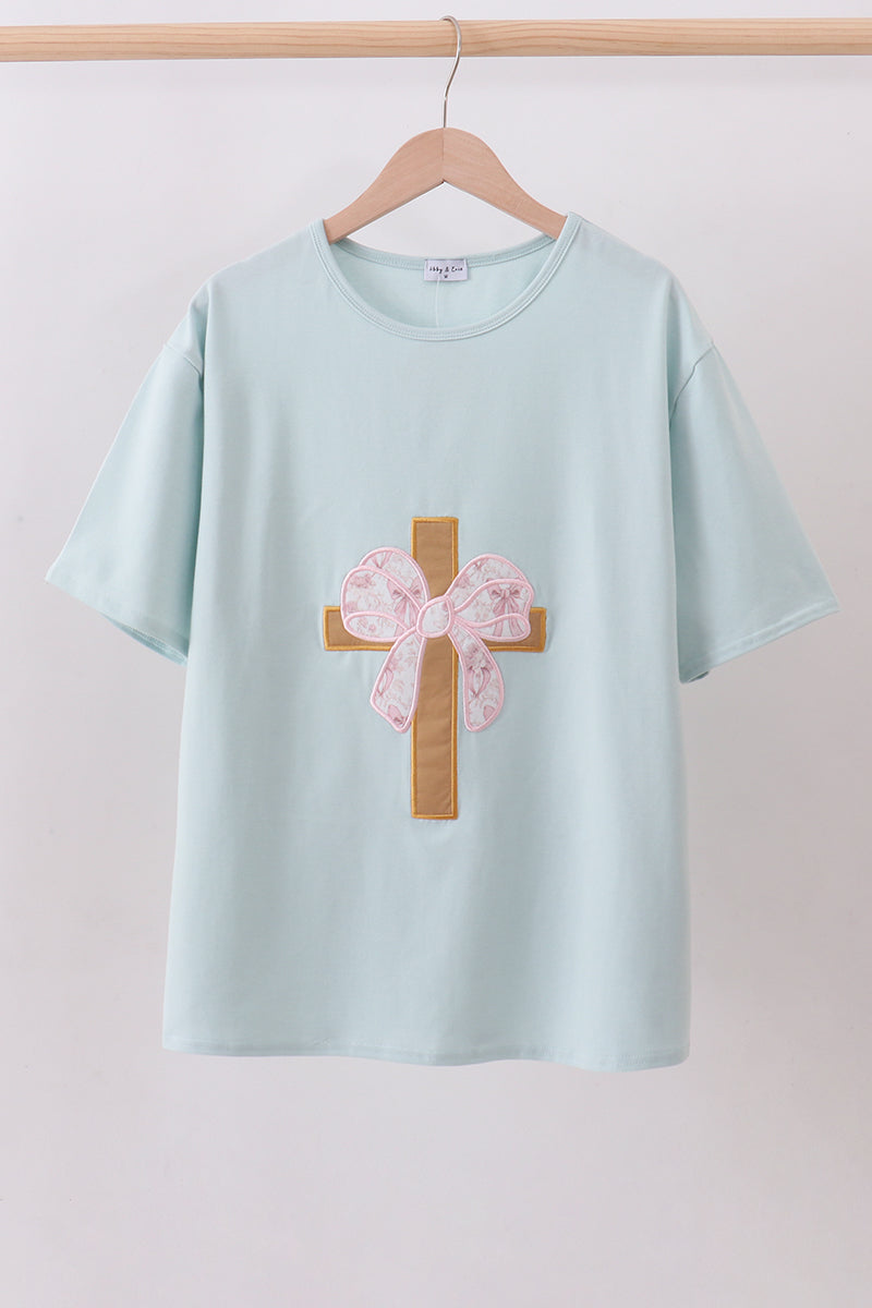 Blue bowknot cross applique top