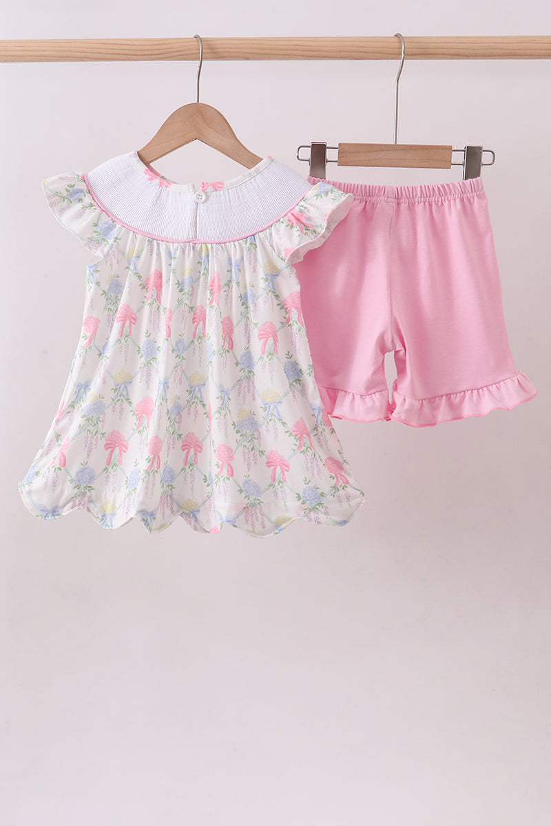 Floral print big sister smocked ruffle shorts set