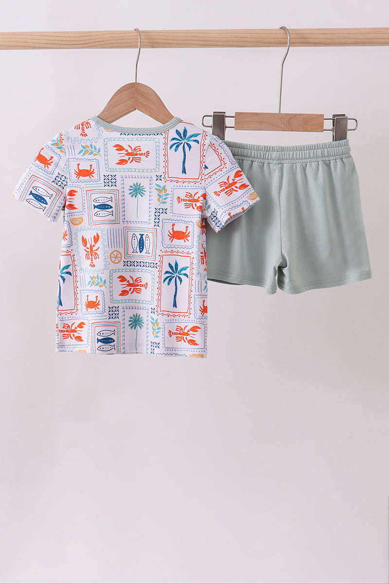 Coconut trees lobsters print bamboo pajama set