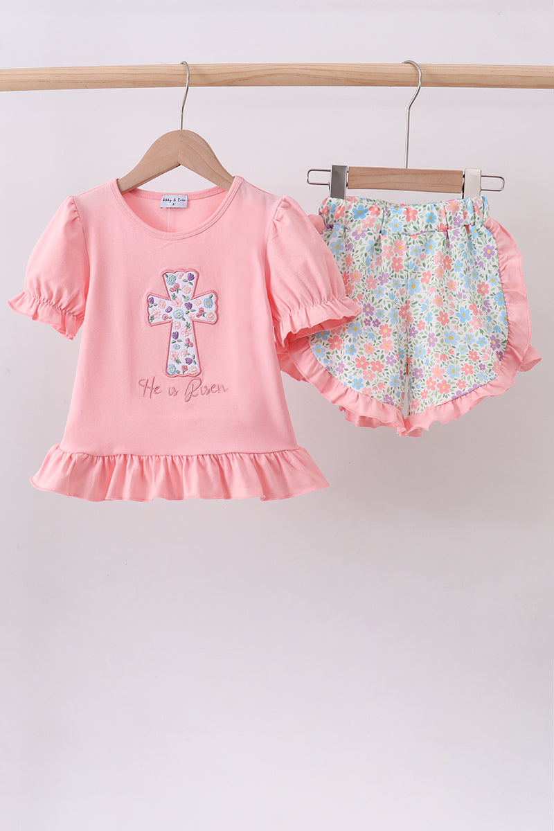 Pink cross applique ruffle shorts set