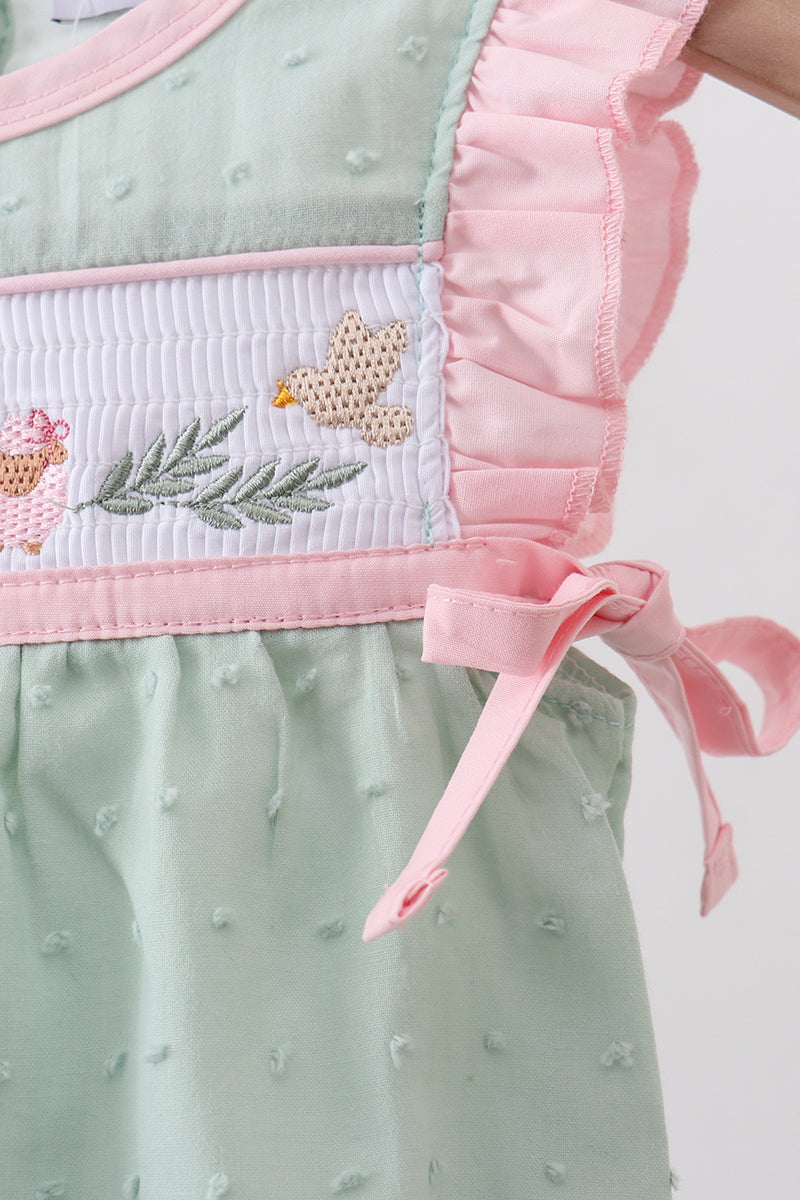 Green swiss dot cross sheep ruffle bubble