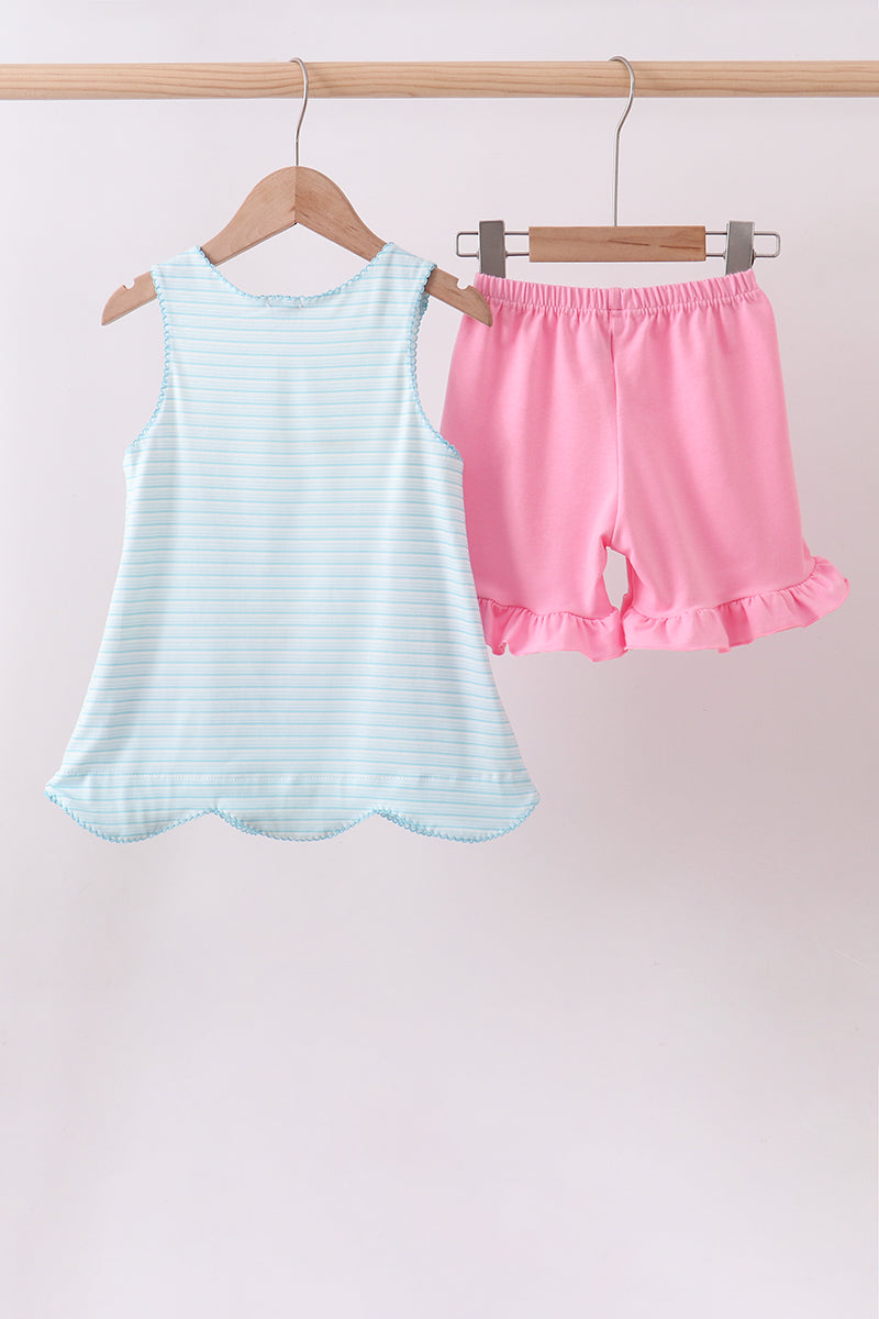 Blue sailboat applique ruffle shorts set