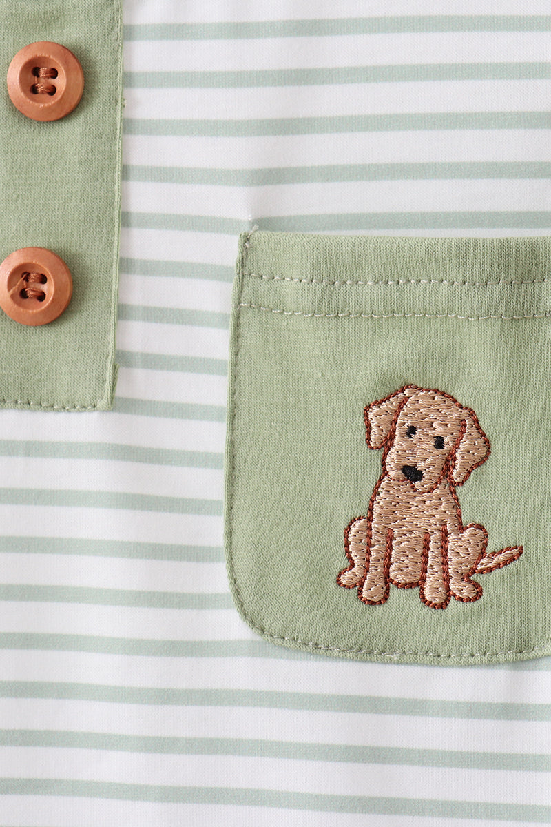 Sage stripe puppy embroidery shorts set