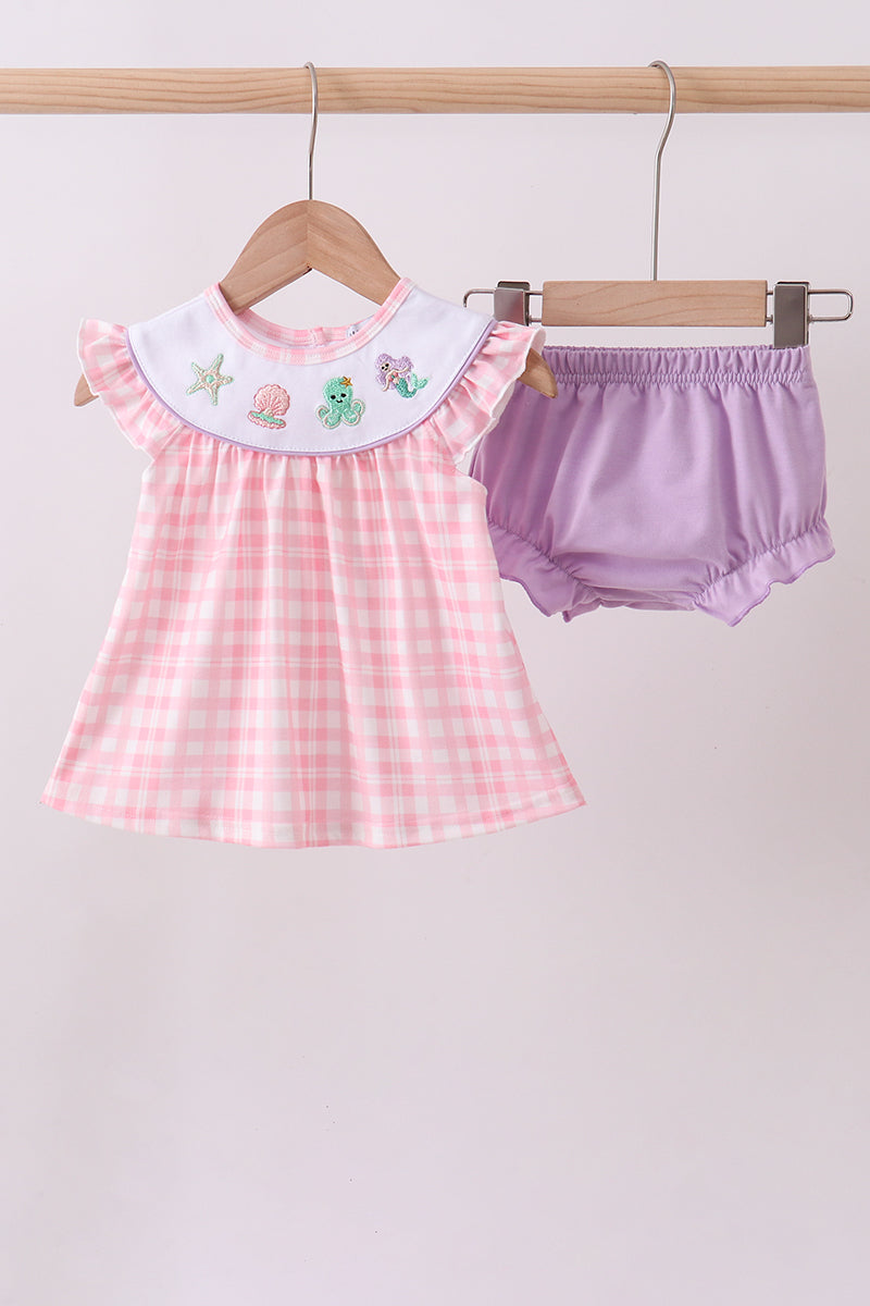 Pink octopus starfish embroidery plaid bloomer set