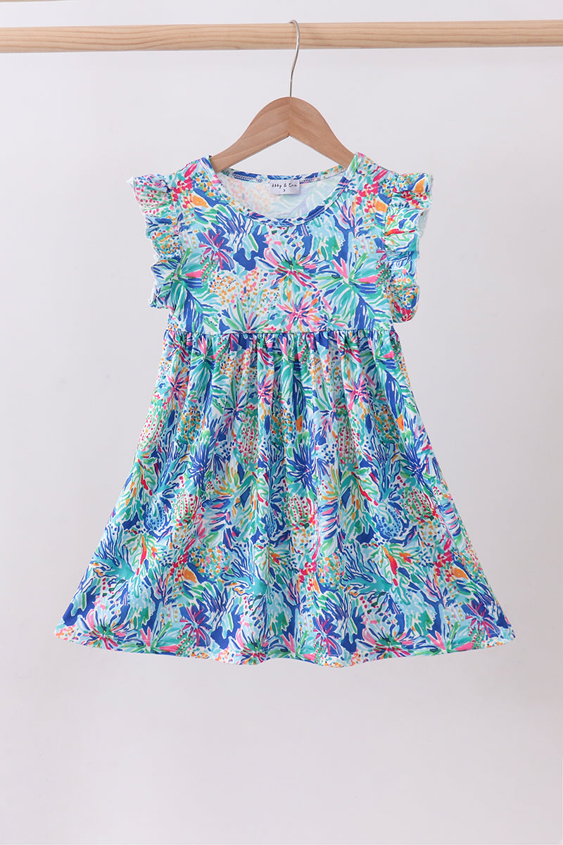 Blue floral print ruffle dress