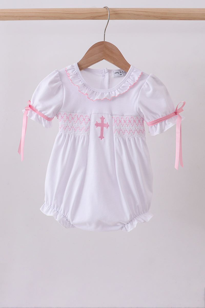 White cross smocked ruffle bubble