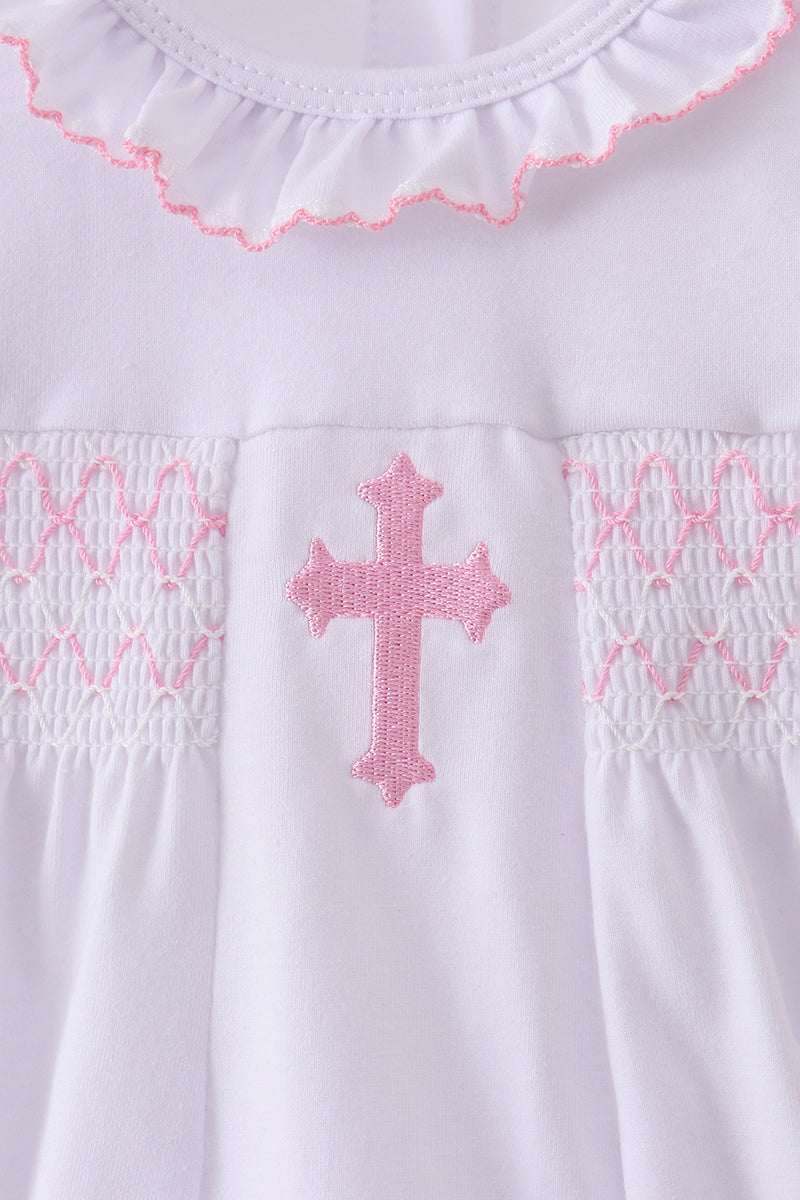 White cross smocked ruffle bubble