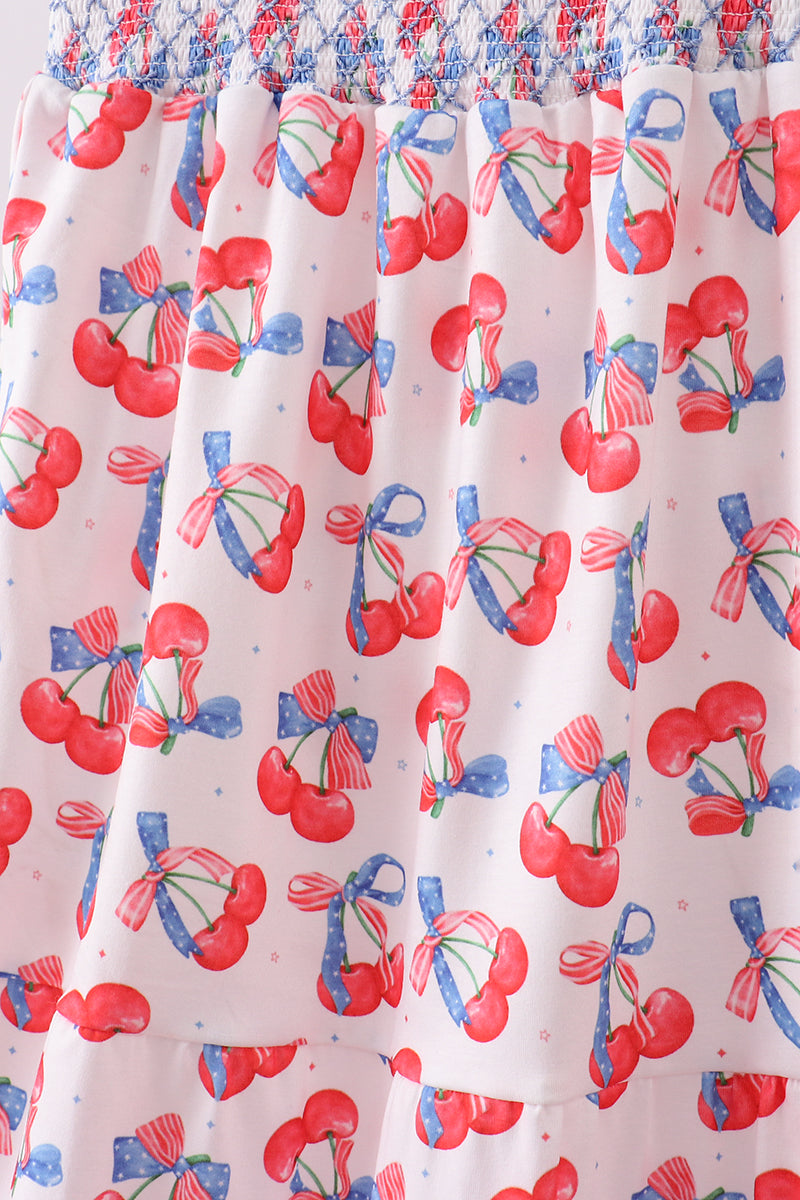 Blue cherry smocked tiered mom&me dress