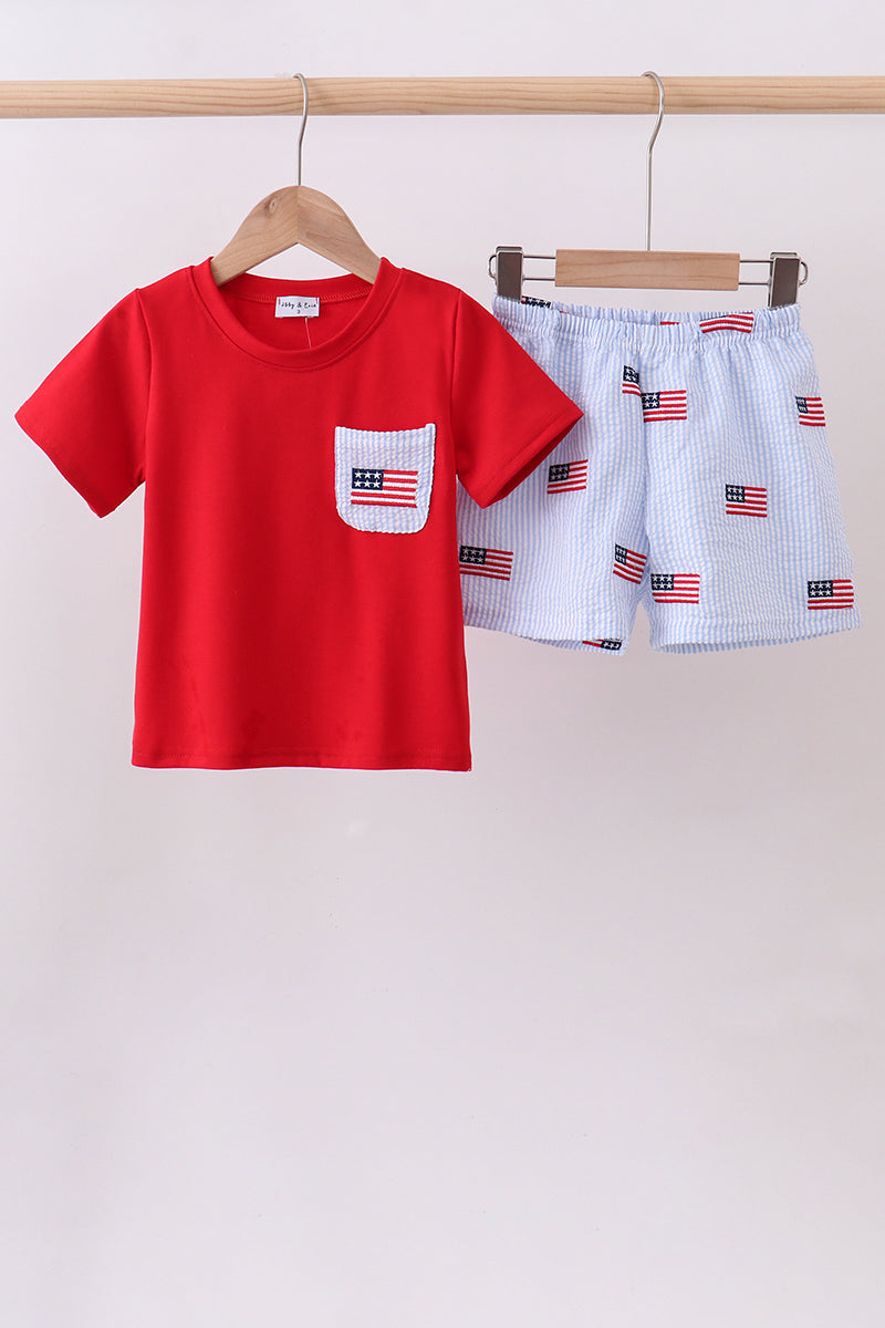 Blue flag embroidery seersucker shorts set