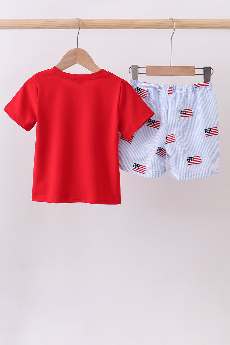 Blue flag embroidery seersucker shorts set
