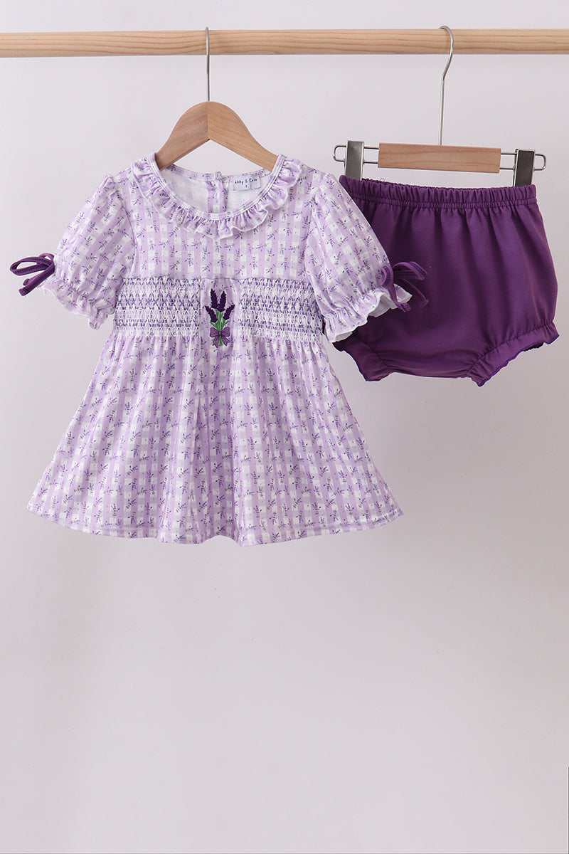 Lavender floral smocked ruffle bloomer set