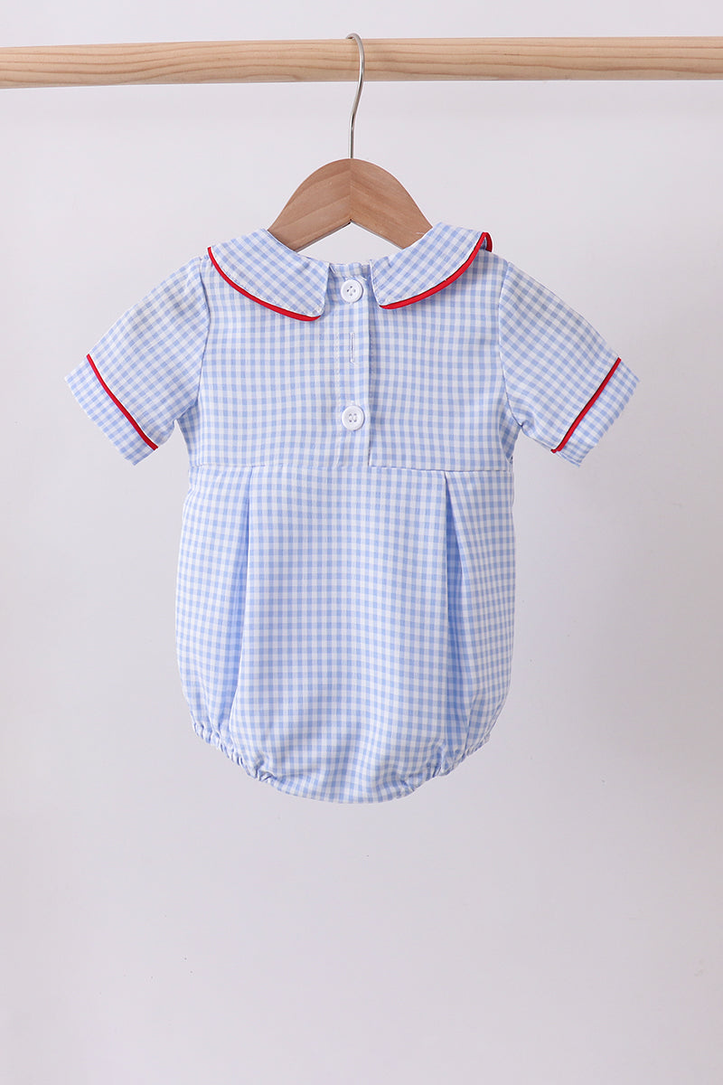 Blue flag smocked peter pan collar gingham bubble