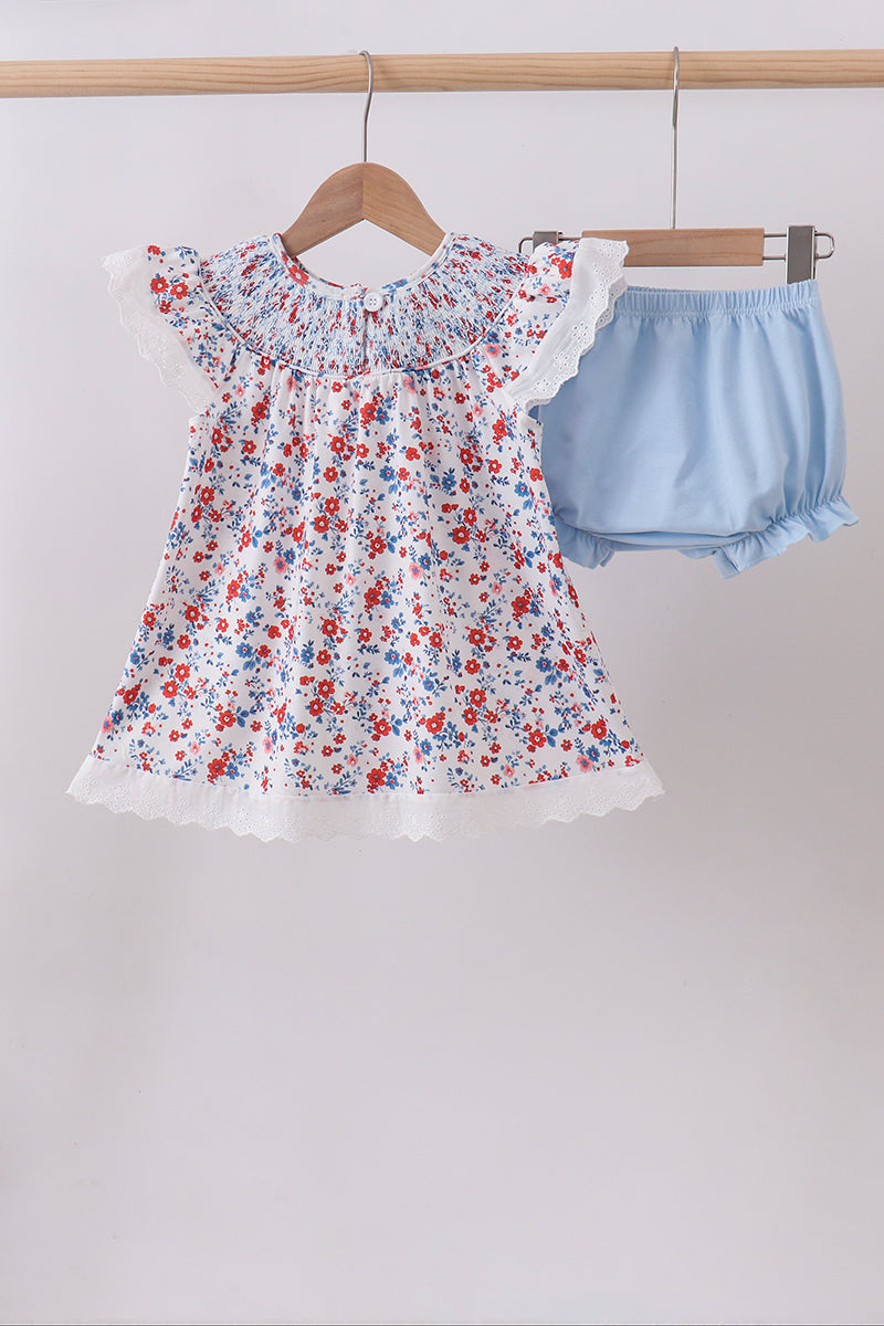 Blue floral lace smocked bloomer set