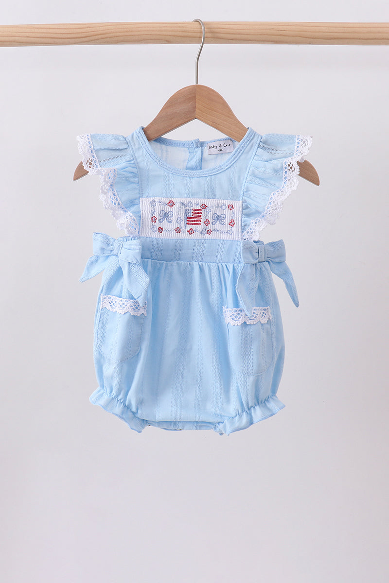 Blue flag smocked jacquard ruffle bubble