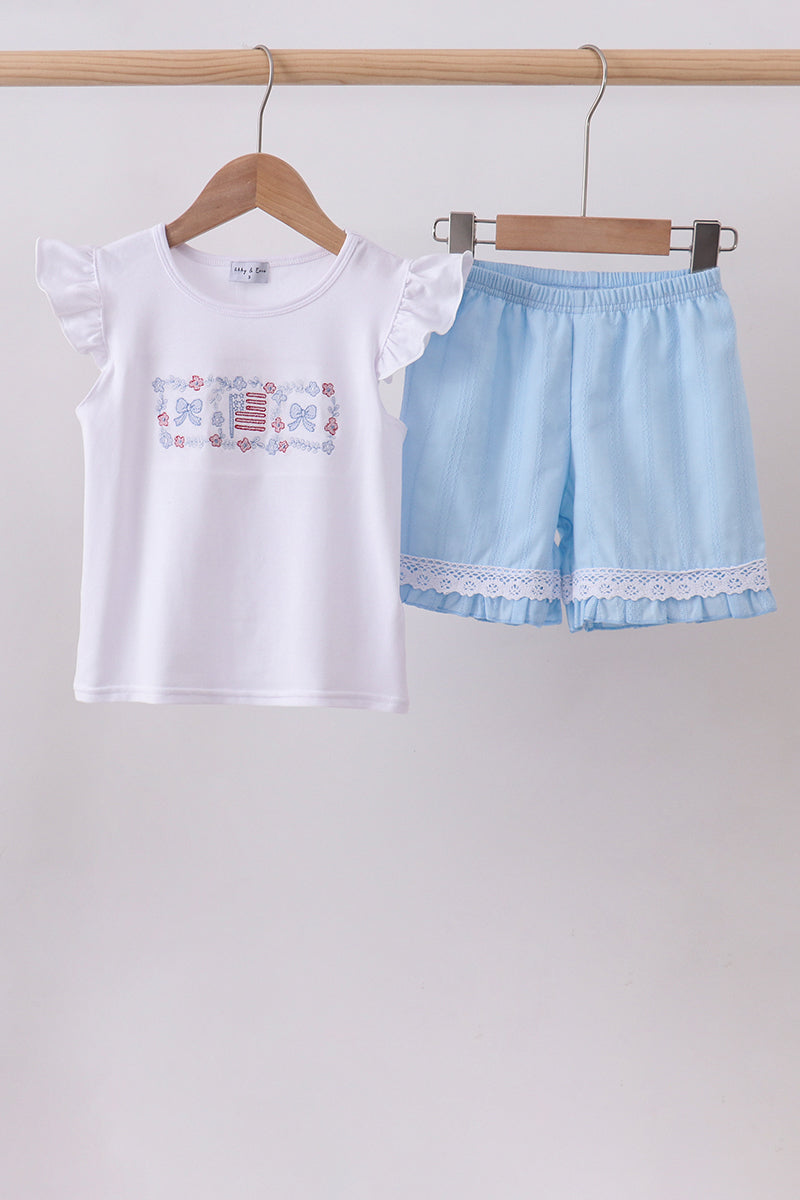 Blue flag smocked jacquard ruffle shorts set