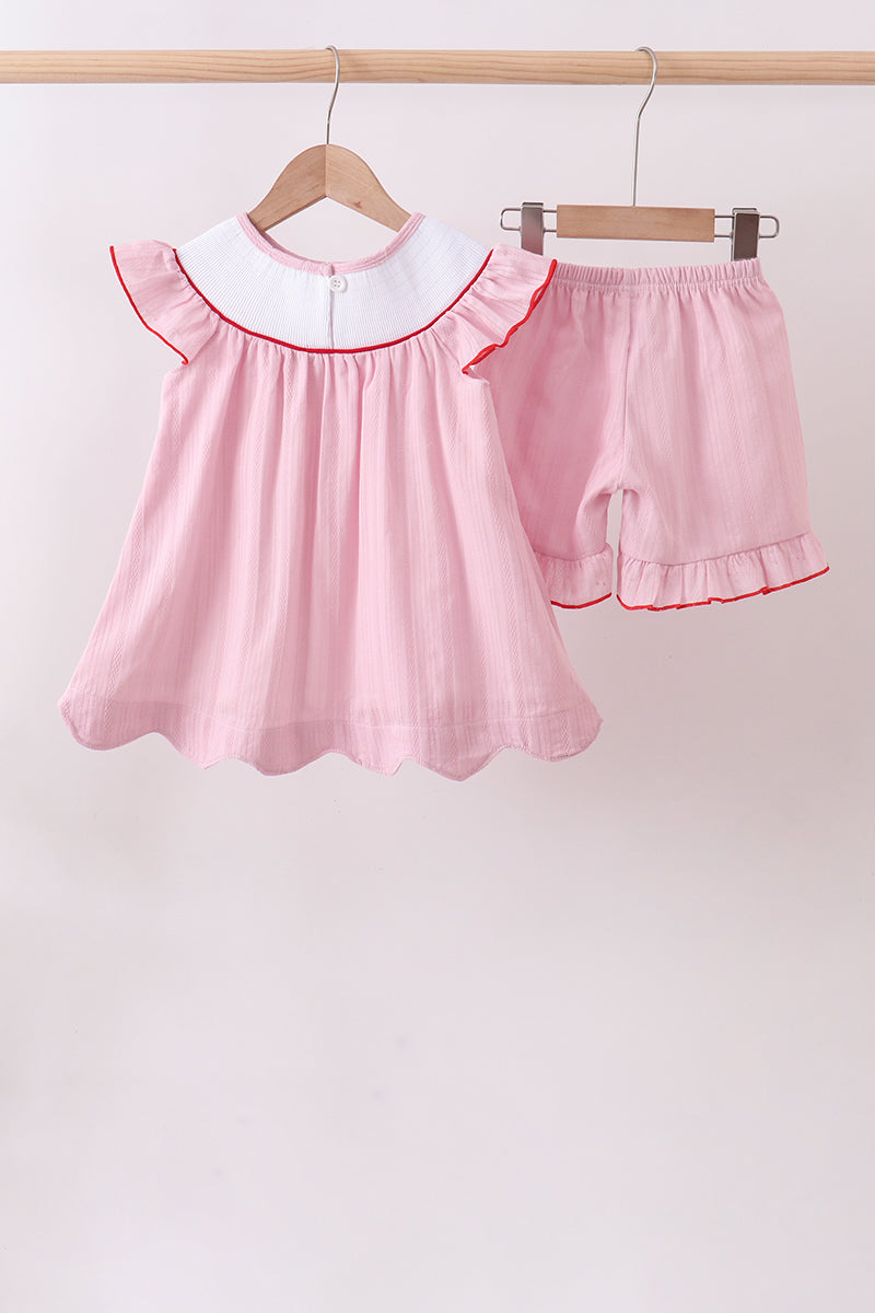 Pink fireworks flag smocked jacquard scalloped ruffle shorts set