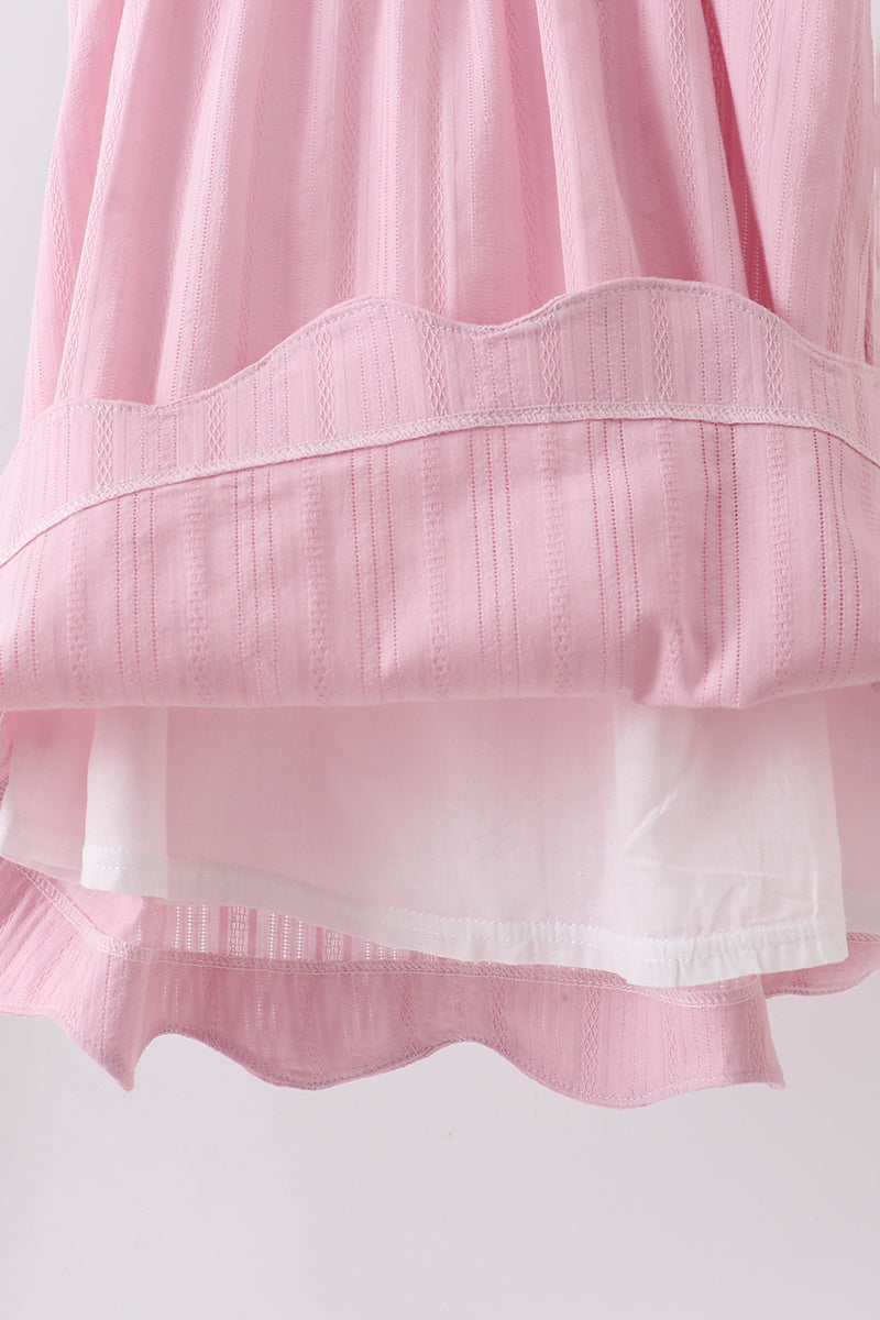 Pink fireworks flag smocked jacquard scalloped ruffle dress