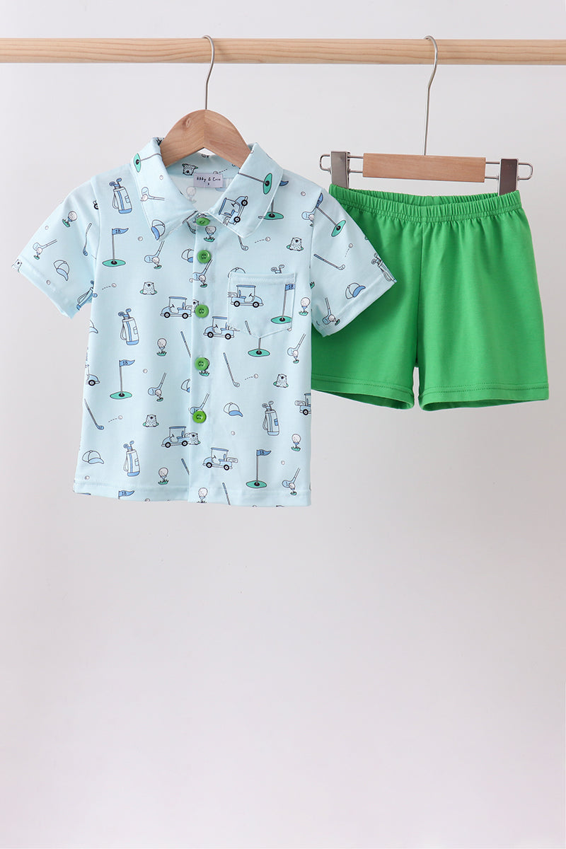 Green golf print shorts set