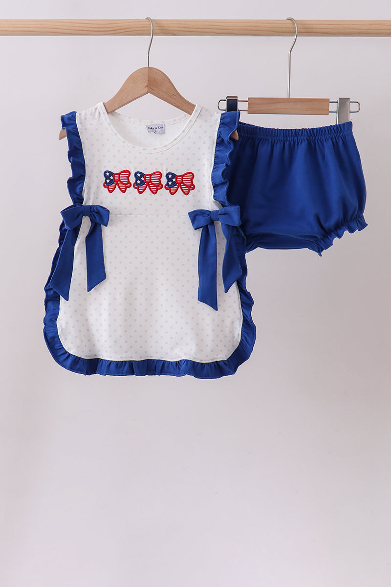 Navy bow applique ruffle bloomer set