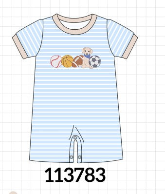 Blue Puppy Ball Embroidered Stripe Romper
