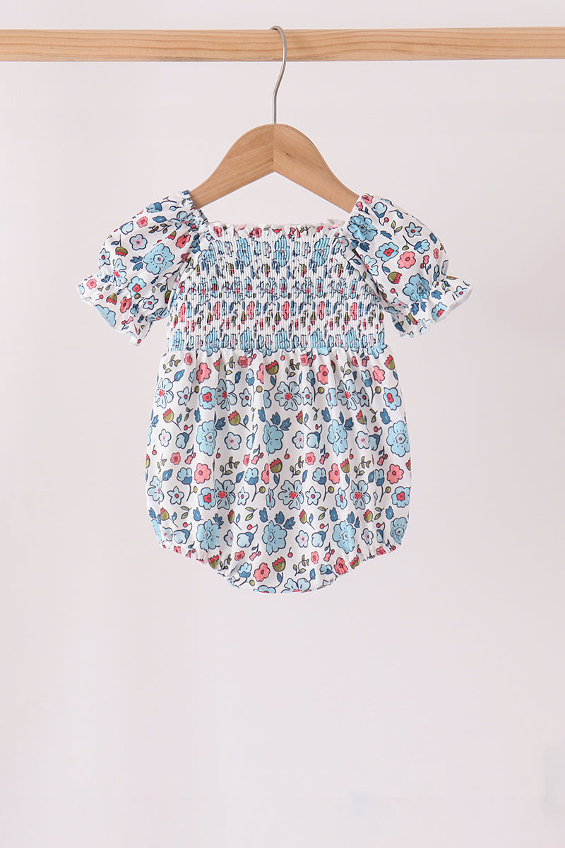 Blue floral smocked ruffle bubble