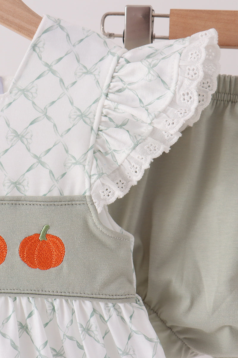 Sage pumpkin embroidery bow ruffle bloomer set