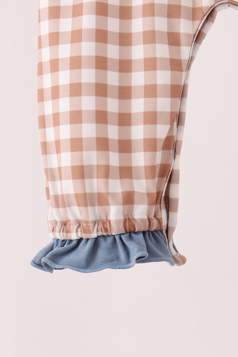 Brown turkey pumpkin embroidery gingham ruffle romper