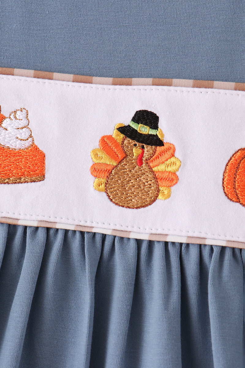 Blue turkey pumpkin embroidery dress