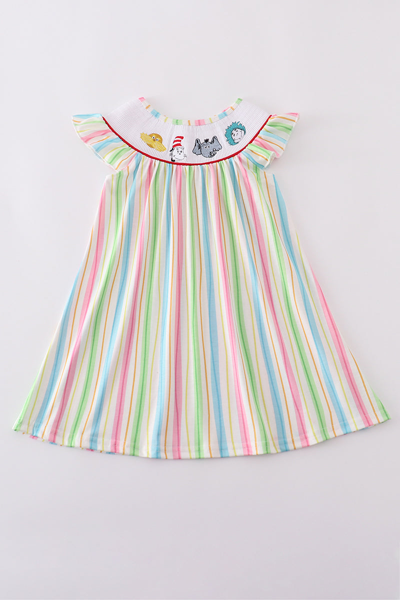 Stripe Dr. Seuss embroidery smocked dress