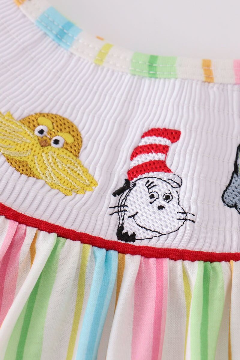 Stripe Dr. Seuss embroidery smocked dress