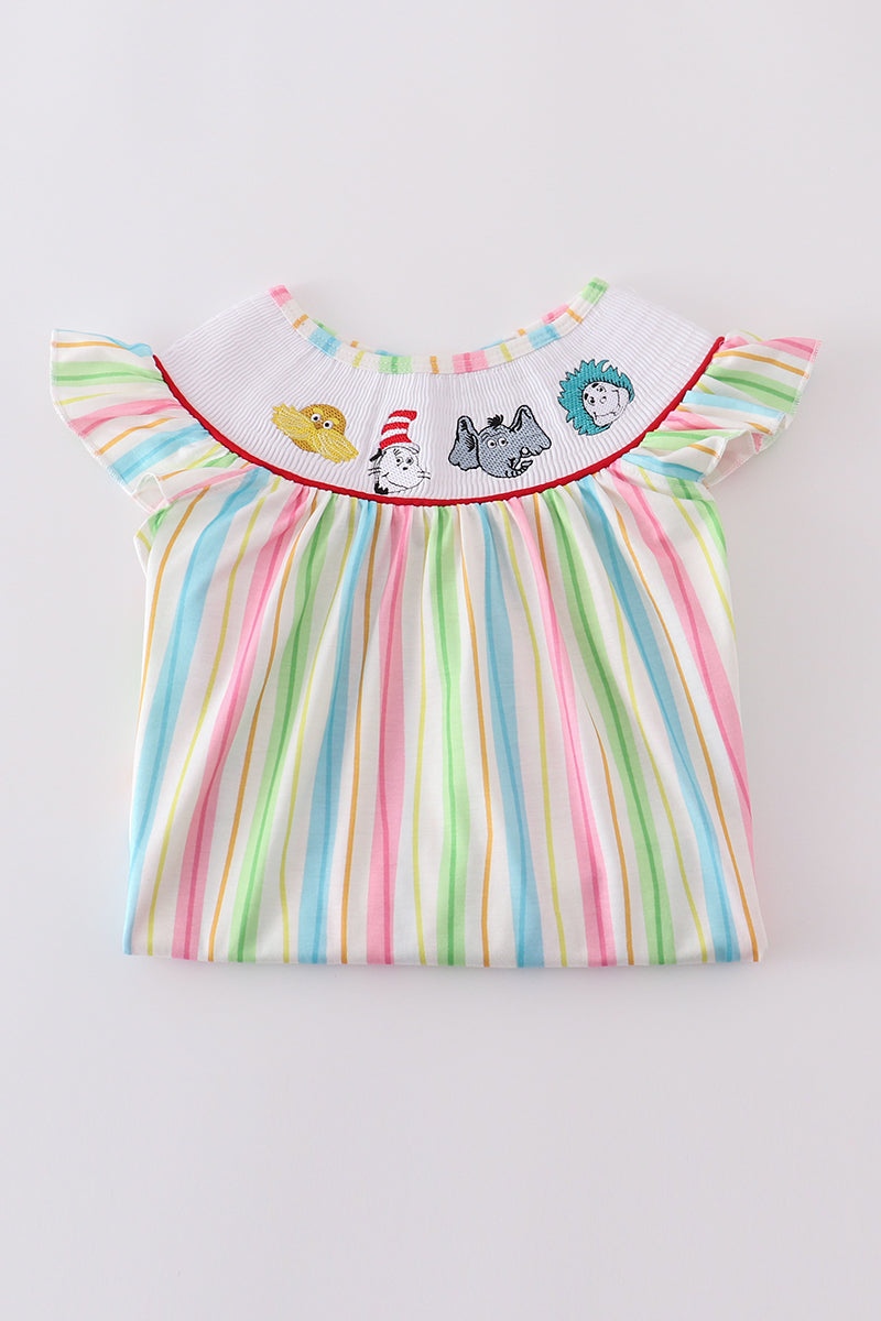 Stripe Dr. Seuss embroidery smocked dress
