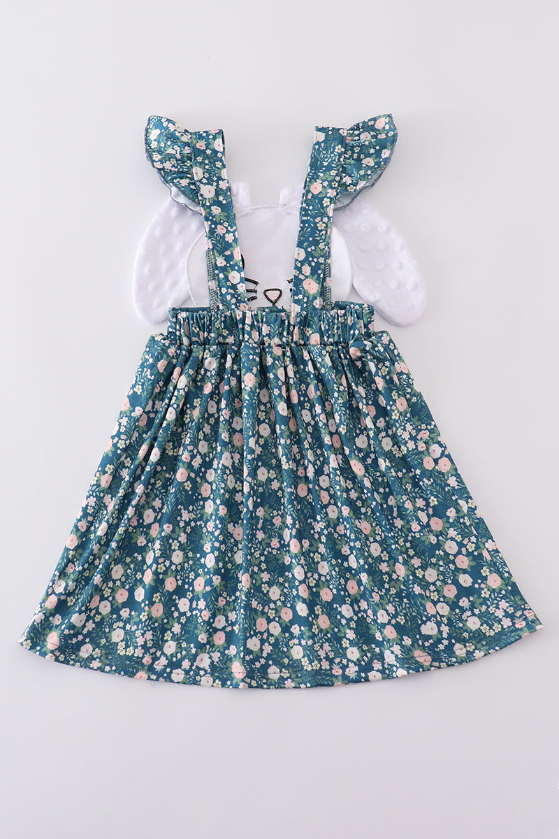 Green floral bunny applique dress