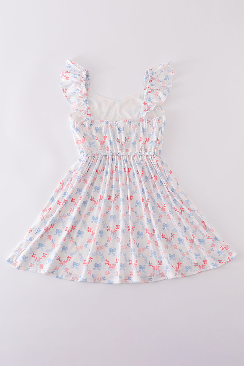 Blue bow lattice print mom&me dress