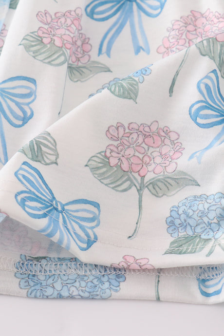 Blue hydrangea bow print ruffle bloomer set